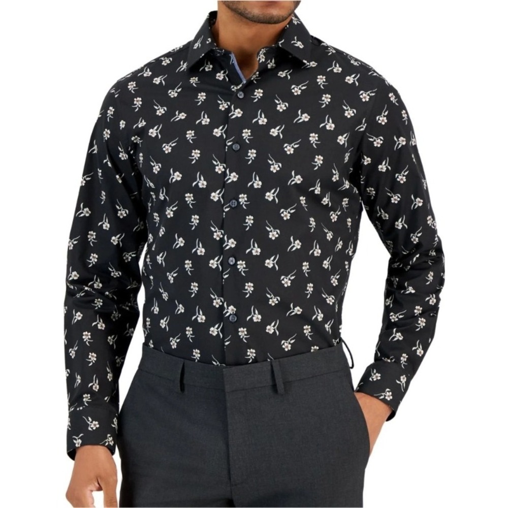Bar III Mens Slim Fit Stretch Floral Dress Shirt Black White Large NWT $70